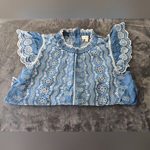 Jennifer And Grace Blue Eyelet Ruffle Sleeve Button Back Top Size XL